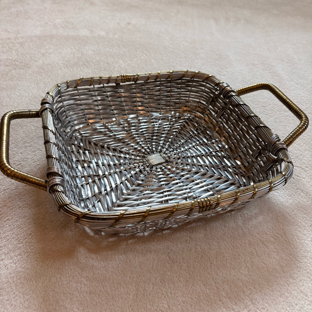 Woven Metal Square Serving Basket with Handles - Silver and Brass NWT